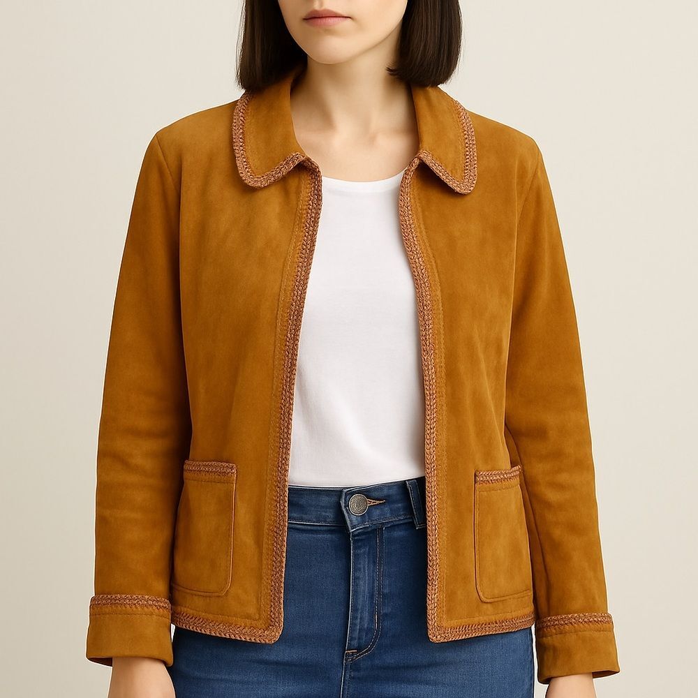 Christopher & Banks Cognac Suede Leather Jacket Size XL Zip Front Crochet Trim